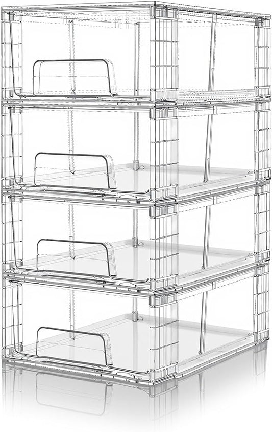 Small Stackable Clear Acrylic Storage Drawers(4 Pack) with Handles,Plastic Organizer Bins for Fridge Bathroom Kitchen Cabinet Pantry Coffee bar Undersink Office Closet Storage Bins