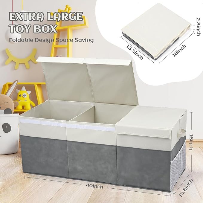 Extra Large Toy Box with Lids, Collapsible Toy Storage Organizer with Divider for Kids, Sturdy Toy Chest for Bedroom, Nursery, Living Room, Playroom, 40"x14"x16", Gray & White