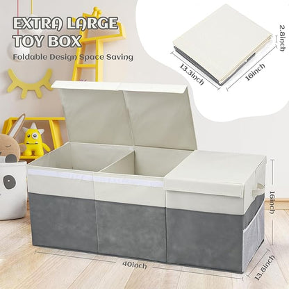 Extra Large Toy Box with Lids, Collapsible Toy Storage Organizer with Divider for Kids, Sturdy Toy Chest for Bedroom, Nursery, Living Room, Playroom, 40"x14"x16", Gray & White