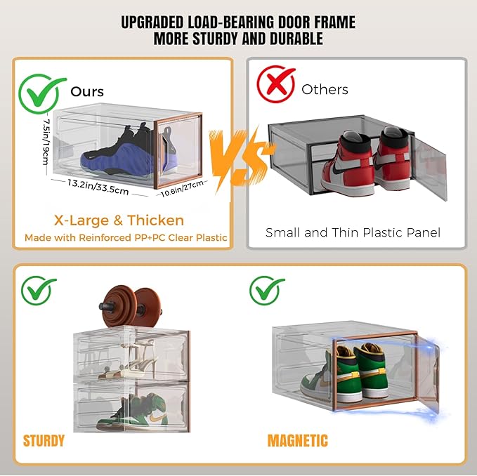 ADTO X-Large Stackable Shoe Boxes - Clear Plastic Shoe Storage Boxes with Magnetic Door, Thicken Shoe Organizer for Closet, Space Saving Foldable Shoe Containers Bins for Sneaker Boot - 6 Pack(Brown)