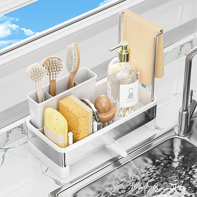 SOVGIZF Sponge Holder for Kitchen Sink,Sink Caddy Organizer with Removable Brush Holder,Kitchen Countertop Soap Dispenser Storage with Detachable Towel Rack,White
