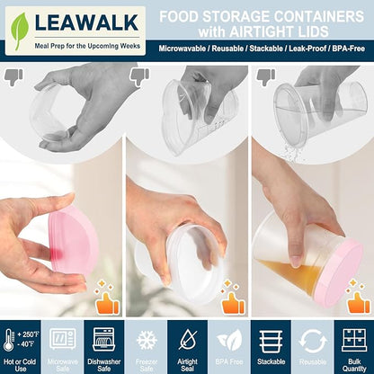 LEAWALK Reusable Food Freezer Storage Containers with Lids, BPA Free Twist Top Deli Container, Leak Proof, Stackable, Microwave and Dishwasher Safe (6, Pink (24oz-6Pack), 24oz)
