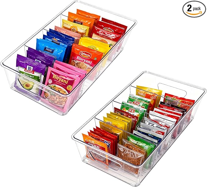 2 Pcs Seasoning Packet Organizer, Seasoning Organizer for Cabinet, Ood Storage Organizer Box with Detachable Dividers Snacks Spice Packets Holder for Kitchen, Pantry, Cabinet, Countertop