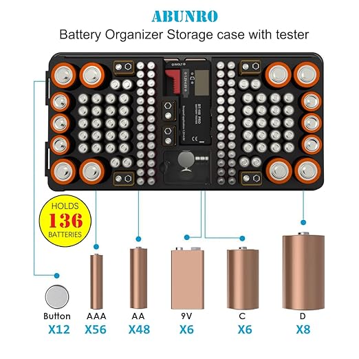 Battery Organizer Storage Case with Tester, Stores & Protects Up to 136 Batteries, Holds AAA AA C D 9V Button Cell with Clear Locking Lid for Home & Garage (Holds 136 Batteries)