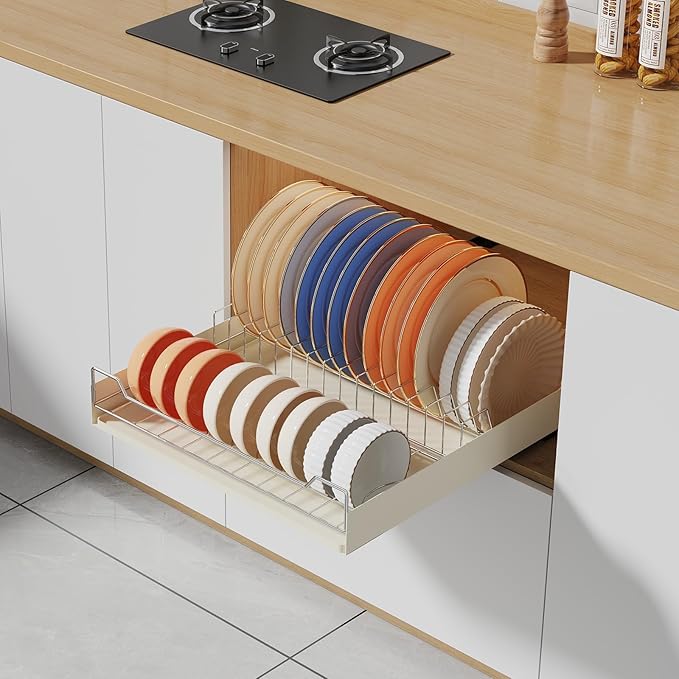 Pull-Out Cabinet Dish Drying Rack - Dish Drying Rack Stainless Steel 2-Tier Kitchen Organizer for Plates Bowls, Under-Counter Space Saving Storage Rack, Adjustable（White）