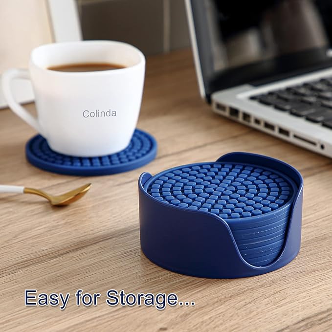 Colinda Silicone Drink Coasters with Holder, Set of 6, Outdoor Cup Mat for Hot or Cold Drinks, Thickened, Non-Slip,Non-Stick, Cool Grey