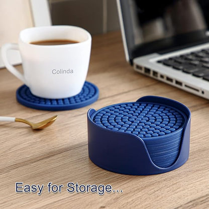 Colinda Silicone Drink Coasters with Holder, Set of 6, Outdoor Cup Mat for Hot or Cold Drinks, Thickened, Non-Slip,Non-Stick, Turquoise