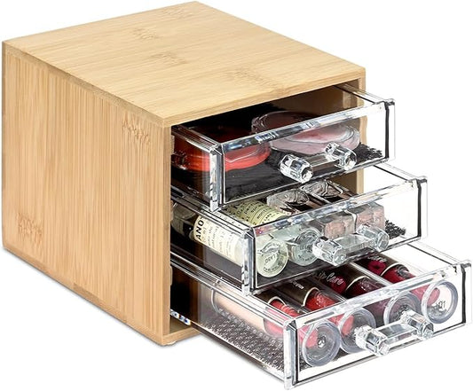 Ikee Design Bamboo Makeup Organizer, Desktop Drawer Organizer with Three Clear Acrylic Drawers, Office Desk Organizer for Lipsticks, Cosmetics, Jewelry, and Accessories for Vanity, Home