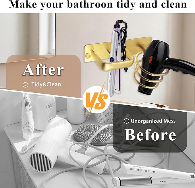 OlBuWa Hairdryer Holder Spiral Shelf Bracket Stand Hanger Organizer Blow Storage with Cable Tidy Rack for Bathroom Gold