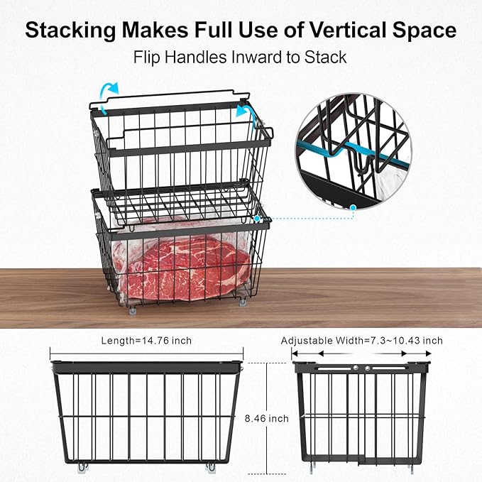 iSPECLE Freezer Organizer Bins - 3 Pack Adjustable Wider & Deeper Chest Freezer Organizer Bins for 5 to 9 Cu Ft, Extra Large & Easy Organize Basket Store More, Stackable No Wasted Space, Black