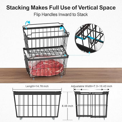 iSPECLE Freezer Organizer Bins - 3 Pack Adjustable Wider & Deeper Chest Freezer Organizer Bins for 5 to 9 Cu Ft, Extra Large & Easy Organize Basket Store More, Stackable No Wasted Space, Black
