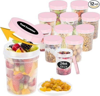 LEAWALK Reusable Food Freezer Storage Containers with Lids, BPA Free Twist Top Deli Container, Leak Proof, Stackable, Microwave and Dishwasher Safe (12, Pink (24oz-12Pack), 24oz)