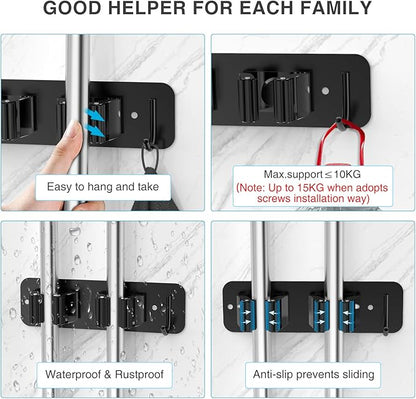 Wall Mount Mop and Broom Holder, Heavy Duty Stainless Steel Organizer Rack with Hooks | 2-Pack, 2-in-1 No Drill & Screw Installation, Black