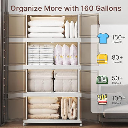 Extra Large Stackable Storage Bins with Lids & Wheels & Door, 660QT-165QT/41GAL*4Pack Foldable Collapsible Closet Organizers, Plastic Containers Drawers for Bedroom Dorm Garage