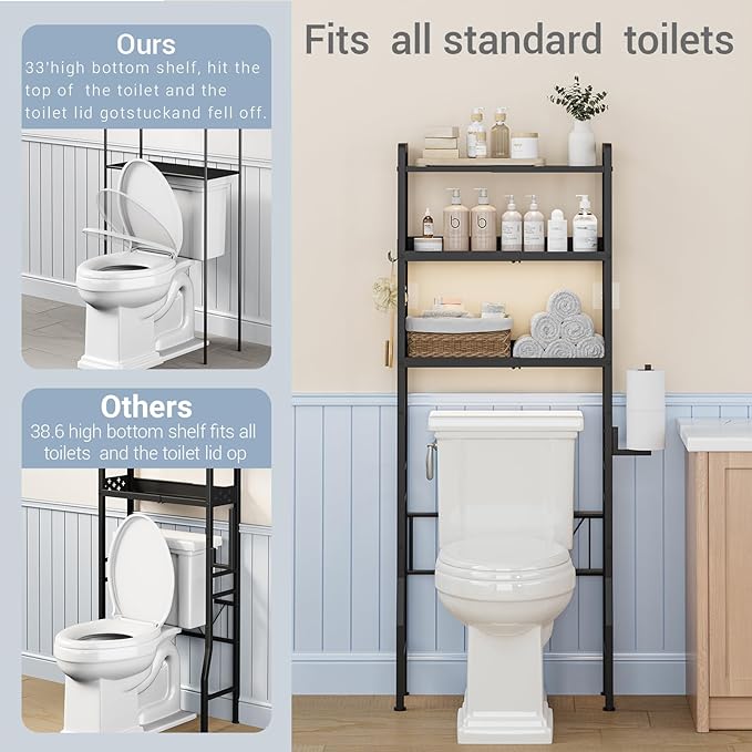 HEVONTIXAL Adjustable Over The Toilet Storage Shelf,3-Tier Metal Over Toilet Organizer with Toilet Paper Holder & Hooks,Space-Saving Option for Small Bathrooms, Black,(22 in- 27 in Wide)