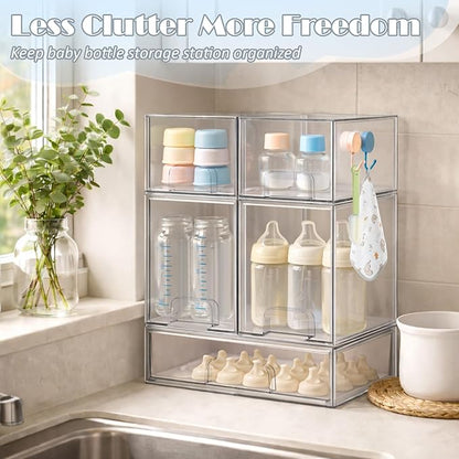 Baby Bottle Organizer-5 Pack Stackable Storage Drawers, Baby Organizers and Storage with Hooks, Clear Acrylic Multipurpose Bottle Storage for Countertop,Kitchen,Cabinet,Vanity,Bathroom