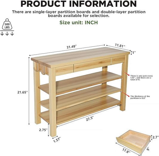 Shoe Storage Bench Wood Entryway: Shoe Rack Bench with Drawer 3-Tiers Height Adjustable,Rustic Wooden Organizer for Front Door Entrance Hallway Living Room,Mudrooms (Natural 3-Tiers, 31.5)