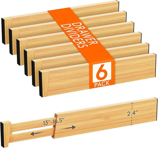 Lifewit 6 Pack Bamboo Drawer Dividers 2.4" High, 13-16.5" Kitchen Drawer Organizers, Adjustable Wooden Drawer Dividers for Clothes, Expandable Drawer Separators for Dresser, Bedroom, Bathroom, Cabinet