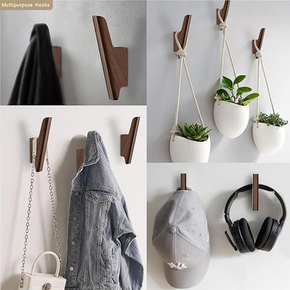 Wood Wall Hooks 4 Pack Coat Hooks Wall Mount Walnut Wooden Hooks for Hanging Hat, Bag, Backpack, Rustic Coat Hooks for Wall, Wood Towel Hooks for Bathrooms and Entryway Hooks (Walnut, Dark)