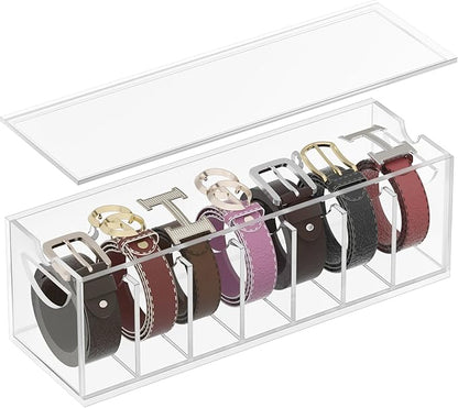 ZhiYo-Life Acrylic Belt Organizer with Dust Cover – Clear Belt Storage Box for Closet or Drawer, Belt and Tie Display Holder Case with 7 Compartments for Men and Women