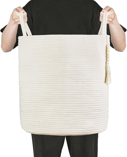 Mkono Tall Laundry Basket Woven Decorative Rope Storage Basket Wooden Bead Decoration for Blankets Toys Clothes Shoes Organizer Bin with Handles Living Room Home Decor, 15" W x 17.7" L, White