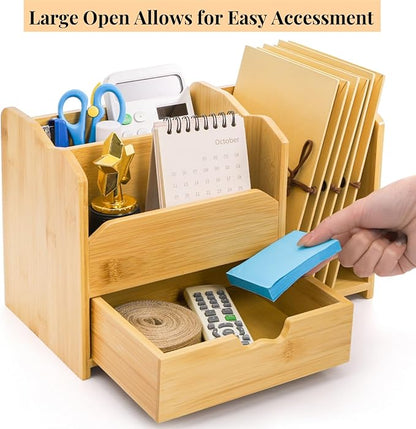 Bamboo Desk Organizer, Multi Use Tabletop Storage Office Supplies with Drawer Pen Holder, 5 Compartments Heavy Duty Desk Accessories for Home Office Organization, No Assembly Required