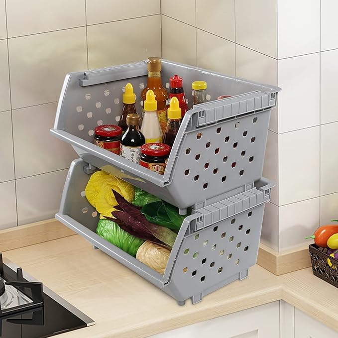 4-Pack Plastic Large Stacking Organizer Basket, Stacking Open Front Storage Bins, Gray