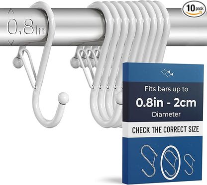 Blau Marité 10-Pack Metal S Hooks for Hanging – Heavy-Duty S-Shaped Hooks with Safety Buckle – Fits Bars up to 0.8 in – Anti-Drop S-Hooks for Kitchen, Bathroom, Closet & Pot Racks – White (Medium)