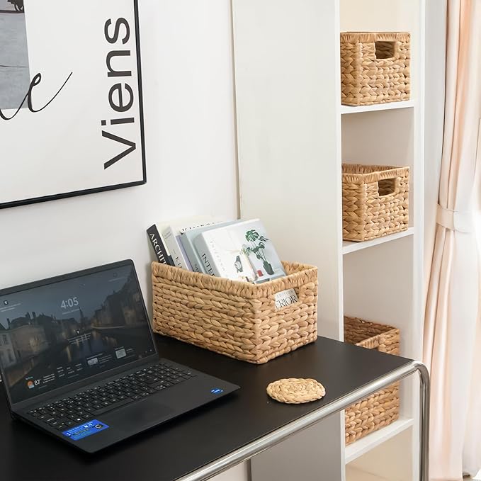 KOKODO Pack 3 Medium Wicker Storage Baskets with Handles, Stylish and Durable Water Hyacinth Rectangle Handwoven Basket Bin with Metal Frame & Handle for Room Organizing