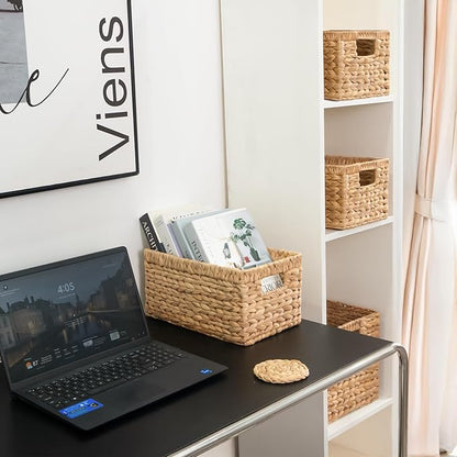 KOKODO Pack 3 Medium Wicker Storage Baskets with Handles, Stylish and Durable Water Hyacinth Rectangle Handwoven Basket Bin with Metal Frame & Handle for Room Organizing
