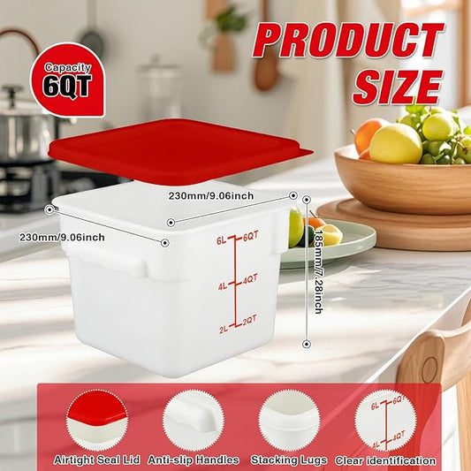 WELKOR Square Food Containers with Lids 4-Pack, Commercial Grade Airtight Plastic Bins for Restaurant Kitchen Pantry Storage, Freezer & Dishwasher Safe (Red, 6QT-4PACK)