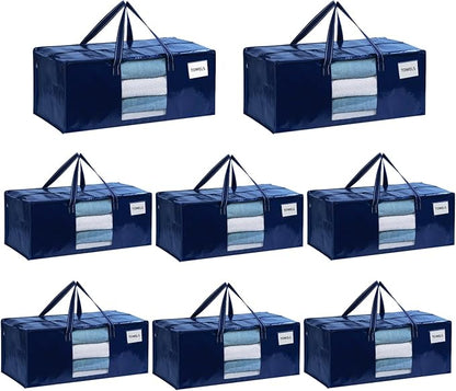 VENO 8 Pack Heavy Duty Moving Bags, Christmas Storage Bins with Lids, Transparent Window Design, Alternative to Moving Boxes, Storage Bags for Clothes, Blankets, Comforters, Pillows (Blue, 8 Pack)