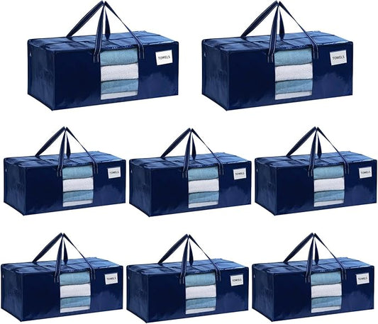 VENO 8 Pack Heavy Duty Moving Bags, Christmas Storage Bins with Lids, Transparent Window Design, Alternative to Moving Boxes, Storage Bags for Clothes, Blankets, Comforters, Pillows (Blue, 8 Pack)