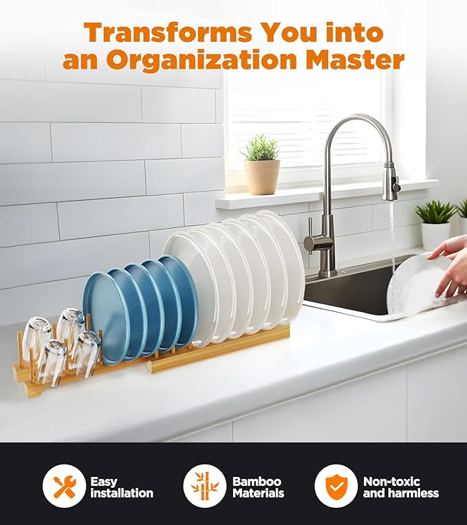 BusyePa Dish Rack, Flexible Bamboo Dish Drying Rack Pot Lid Plate Stand Holder Adjustable Vertical Organizer Storage for Kitchen Cabinet Dish, Pot Lid, Bowl, Cup