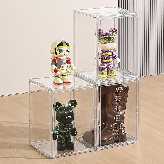 VGLXTRNT 2 Pack XXX-Large Clear Display Case 17.7" x 13" x 13" Extra Large Display Organizer Box with Magnetic Door, Stackable Acrylic Storage Bin for Boots, Shoes, Collectibles, Bags, Figures