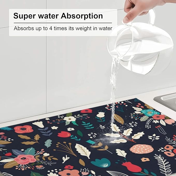 Colorful Flowers Black Dish Drying Mat 18x24 For Kitchen Counter Absorbent Microfiber Dishes Pad Dish Drainer Rack Mats Fast Dry Kitchen Accessories