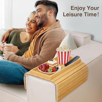 Couch Arm Tray, Bamboo Sofa Tray Table for Couch, Sofa Armrest Table, Anti-Slip Armrest Organizer, Foldable Couch Cup Holder for Snacks, Phone, Control, Cups, Natural