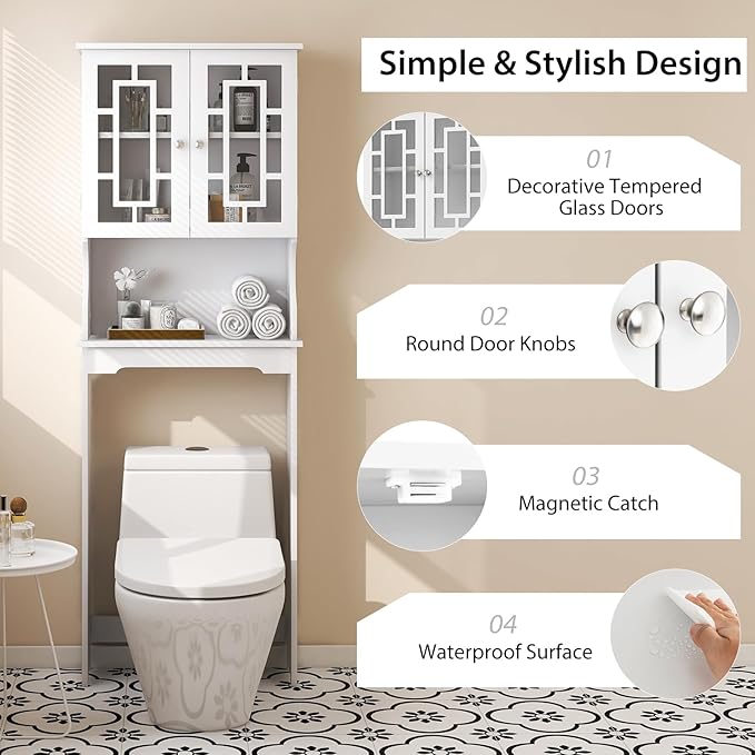 BestComfort Over The Toilet Storage Cabinet, Home Bathroom Space Saver Organizer Above Toilet, Double Doors and Adjustable Shelf, Wooden Freestanding Toilet Storage Rack Unit, 67 inch (White)