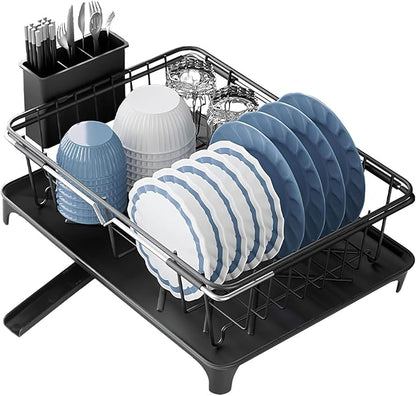 Expandable Dish Drying Rack, Carbon Steel Dish Rack with Drain Board and Utensil Holder, Extendable 14.2-20.7 in Drainer with Swivel Spout for Kitchen Counter