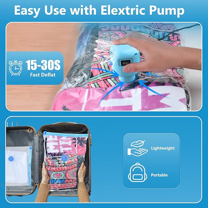 Vacuum Seal Bags for Clothing Travel, 6 Pack Space Saver Vacuum Storage Bags with Electric Pump,Portable Compression Sealer for Clothes, Blankets, Bedding & Travel,Good for Storage and Organization