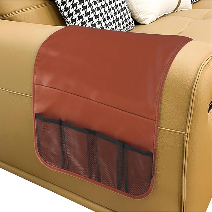 IPENNY No-Slip PU Leather Sofa Armrest Organizer, Remote Control Holder Arm Chair Beside Storage Bag for Recliner Couch with 5 Pockets for Tablet, Magazines, Phone (Brown)