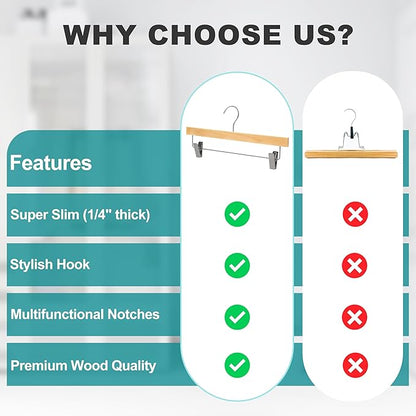 Quality Hangers 20 Pack Wooden Skirt Pant Hangers, Luxury 14" Ultra Thin Space Saving Skirt Hangers, 360 Degree Swivel Hook, Best for Pants, Skirts, Trousers, Leggings (20, Natural, Skirt/Pant)
