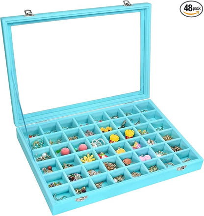 Velvet Jewelry Tray 48 Compartments Jewelry Display Organizer with Transparent Cover Rings, Earrings, Necklaces, Pendants Storage Box for Girls, Wives, Mothers, Women
