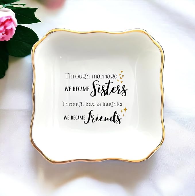 HatafaFurni Gifts for Sister In Law - Through Marriage We Became Sisters - Wedding Gifts, Christmas, Thanksgiving, Birthday Gift for Sister-in-law - Jewelry Dish, Ceramic Ring Dish, white, mil01
