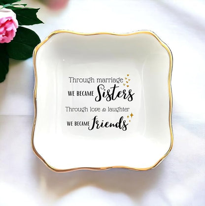 HatafaFurni Gifts for Sister In Law - Through Marriage We Became Sisters - Wedding Gifts, Christmas, Thanksgiving, Birthday Gift for Sister-in-law - Jewelry Dish, Ceramic Ring Dish, white, mil01