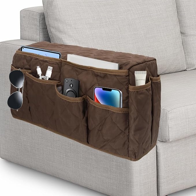 HADEEONG Remote Control Holder, Non Slip Bedside Armchair Caddy, Recliner Arm Caddy Armrest Organizer with 14 Pockets for Cell Phone TV Remote Control Magazines