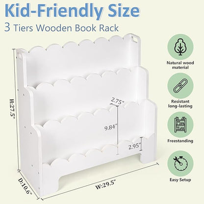 Kids Bookshelf Wooden 3-Tier, Scalloped Book Shelf for Kids Rooms, Front Facing Toddler Montessori Bookshelf, Baby Nursery Book Shelves Kids Classroom Bookshelf Bookcase