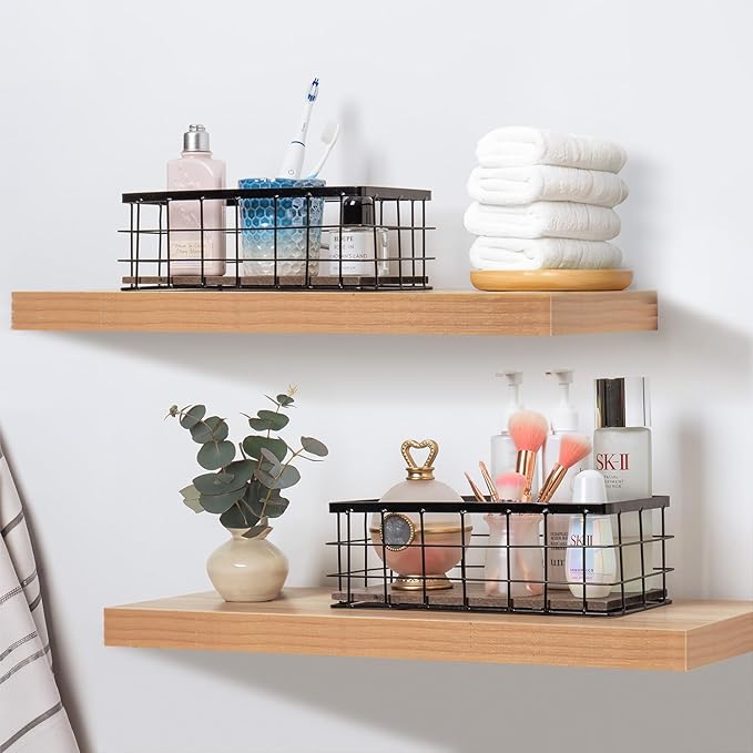 ROSE BLOOM Small Metal Wire Storage Basket, Decorative Wood Base Organizer Bins for Bathroom, Kitchen, Laundry Room, Pantry, Basket for Toilet Paper, Fruits, Spices (1 Pack)