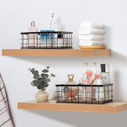 ROSE BLOOM Small Metal Wire Storage Basket, Decorative Wood Base Organizer Bins for Bathroom, Kitchen, Laundry Room, Pantry, Basket for Toilet Paper, Fruits, Spices (1 Pack)