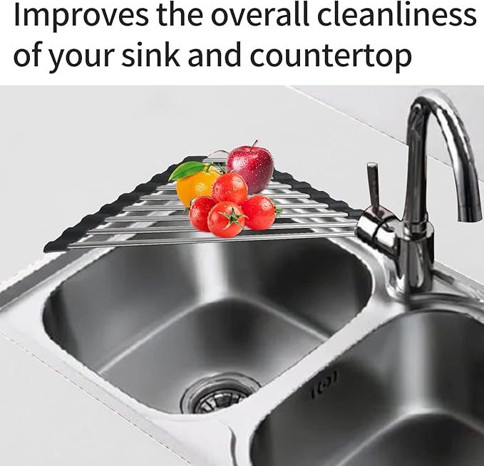 Roll Up Dish Drying Rack and Triangle Dish Drying Rack for Sink,over the Sink Dish Drying Rack , Kitchen Corner Dishes Drainer Mat, Foldable Stainless Steel Corner Sink Rack for Kitchen (Triangle)